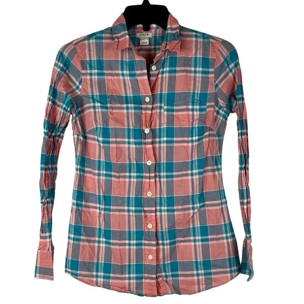 J.Crew Factory "Perfect Fit" Coral Pink Teal Plaid Button-Down Shirt XXS